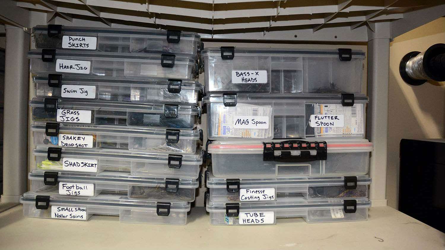 Baits are more specialized on this shelf that is reserved for boxes containing a variety of lures and terminal tackle. Everything from structure spoons to finesse casting jigs is easily found here. 