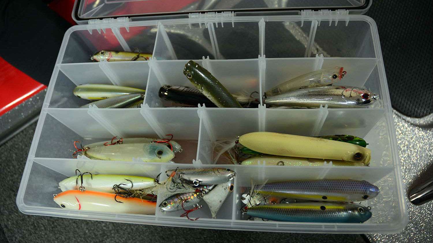 Topwaters have their place, too. Walkers, chuggers and other topwater lures find a home here. 