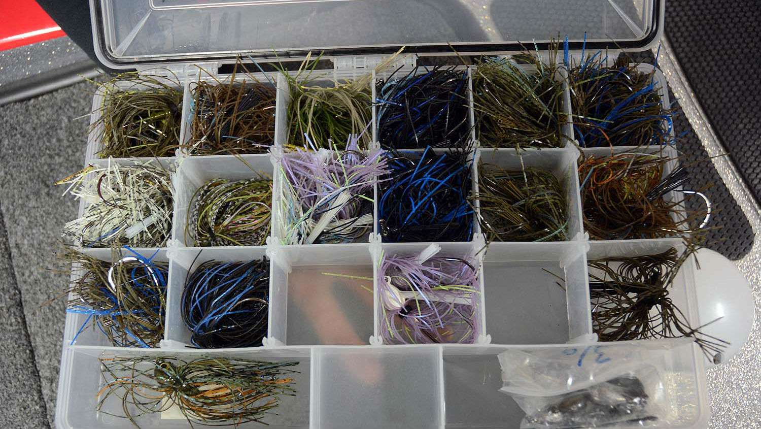 Swim jigs of all kinds fill this box with others like them. The swim jig is yet another example of how specialized lures can fill an important niche in staying competitive in the Elite Series. 