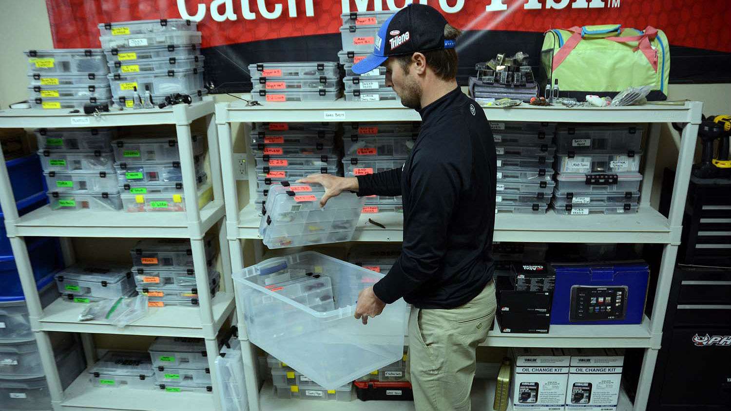 Color-coded bait boxes get loaded into the storage containers and then the Tundra. Here is how organization goes full circle for Lucas. He can retrieve lure boxes by category depending on his needs for a tournament. 