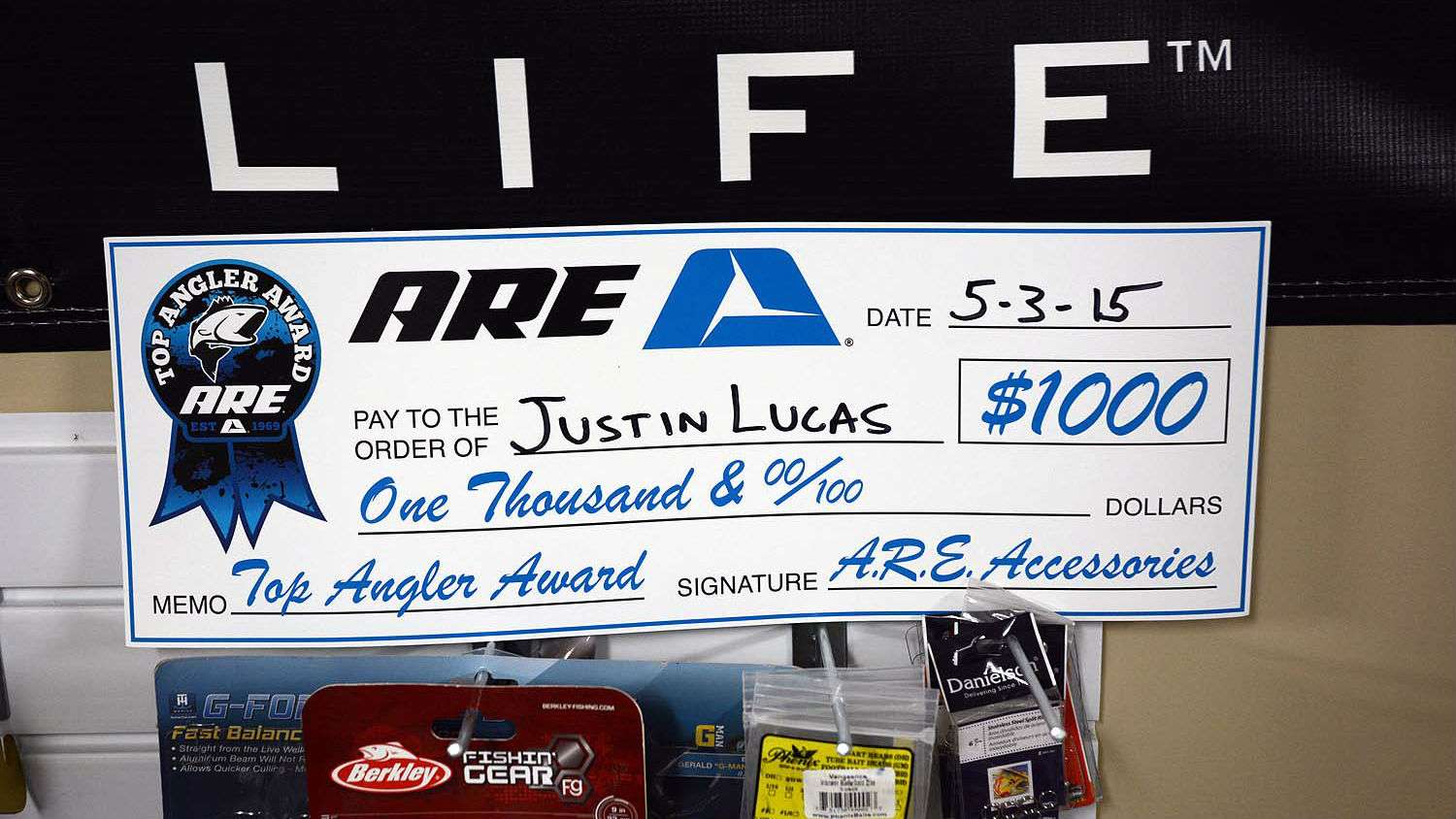 This replica check has special meaning. Lucas won the 2015 Elite Series event held in his hometown of Sacramento. Lucas also was the highest placing angler using A.R.E. accessories on his Tundra. 