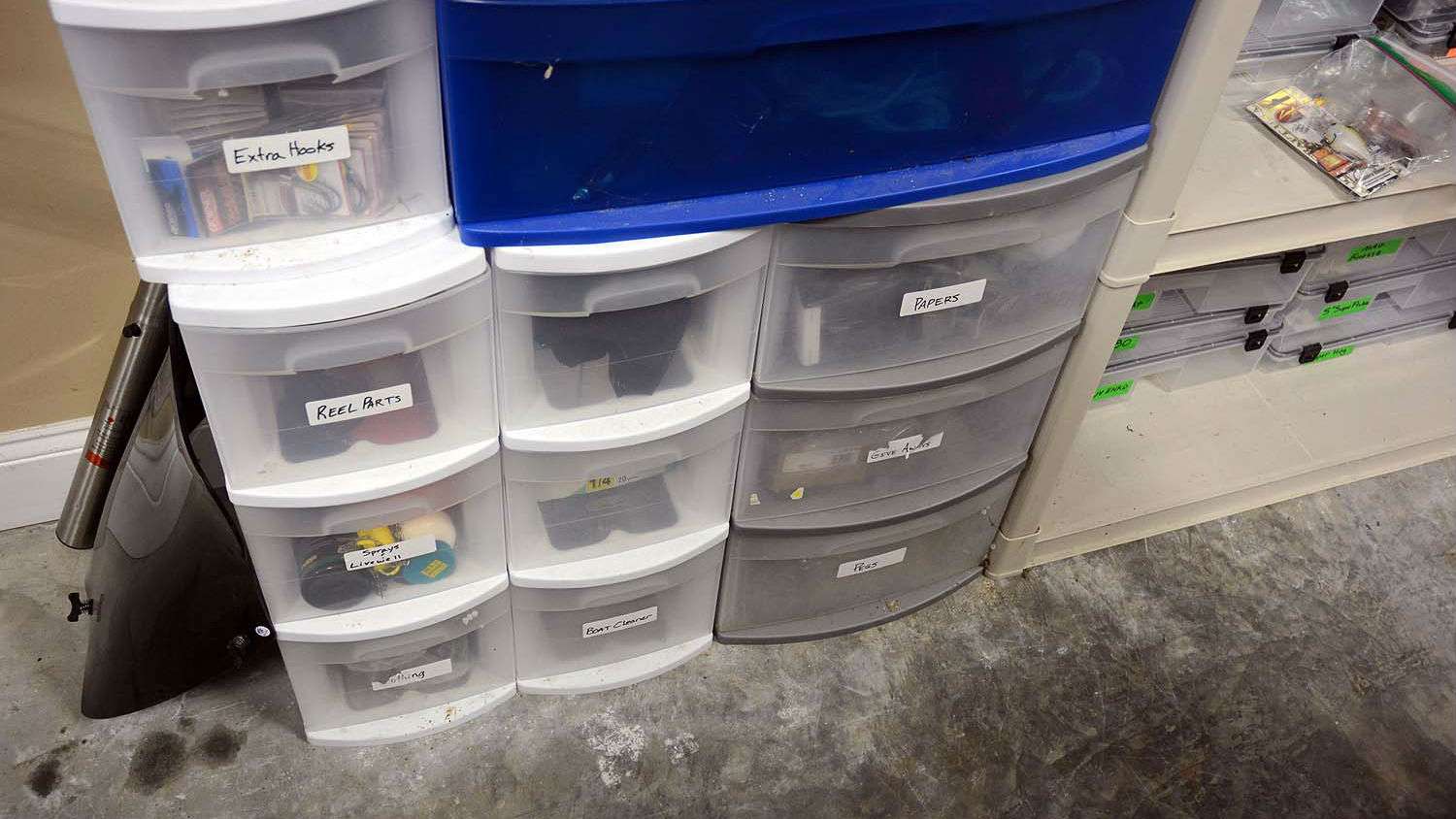 Everything has a place and that includes this collection of necessary items stored in clear drawers for easy identification. 
