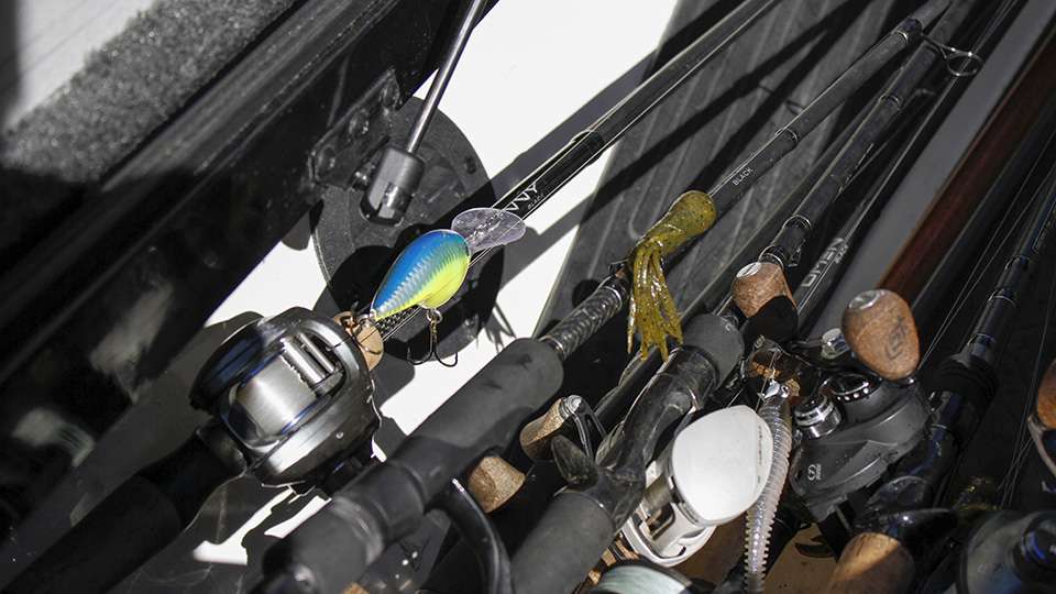 When we took a peek in his passenger rod locker we see plenty of 13 Fishing rod and reel combos that Lefebre uses. On top are ones outfitted for a Rapala deep diving crankbait, a tube and a swimbait; which are just a few baits he used to catch the majority of his fish at Mille Lacs.
