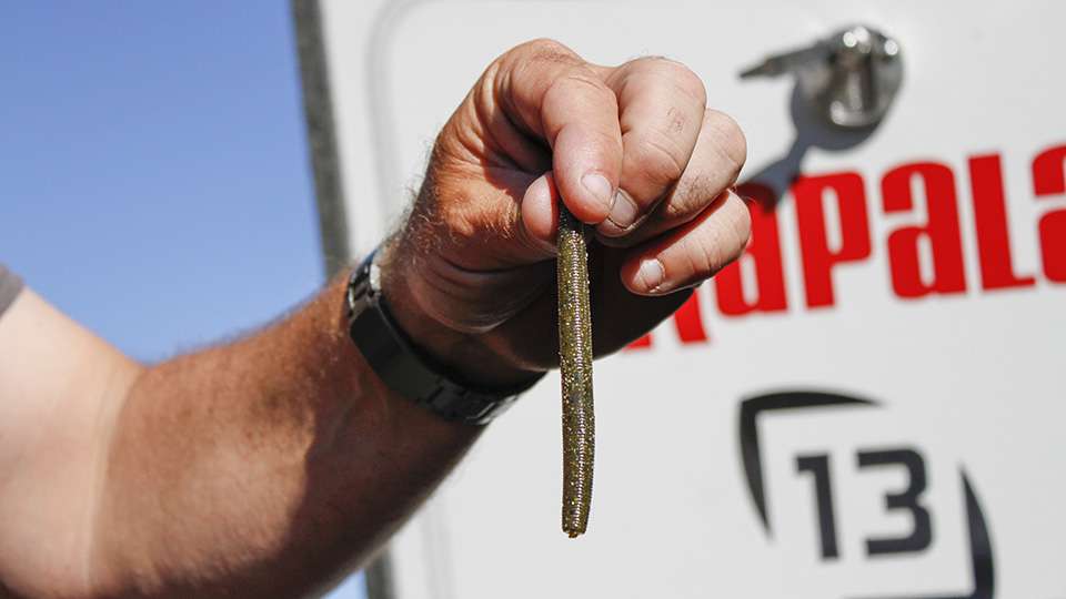 He pulls out one of his go-to baits, which is a 4-inch Senko.