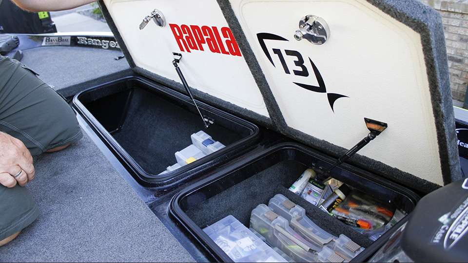 Lefebre's driver-side rod locker is fairly empty to save weight on tournament day, but his secondary box near the console had important hard baits that he can take out of his boat easily.