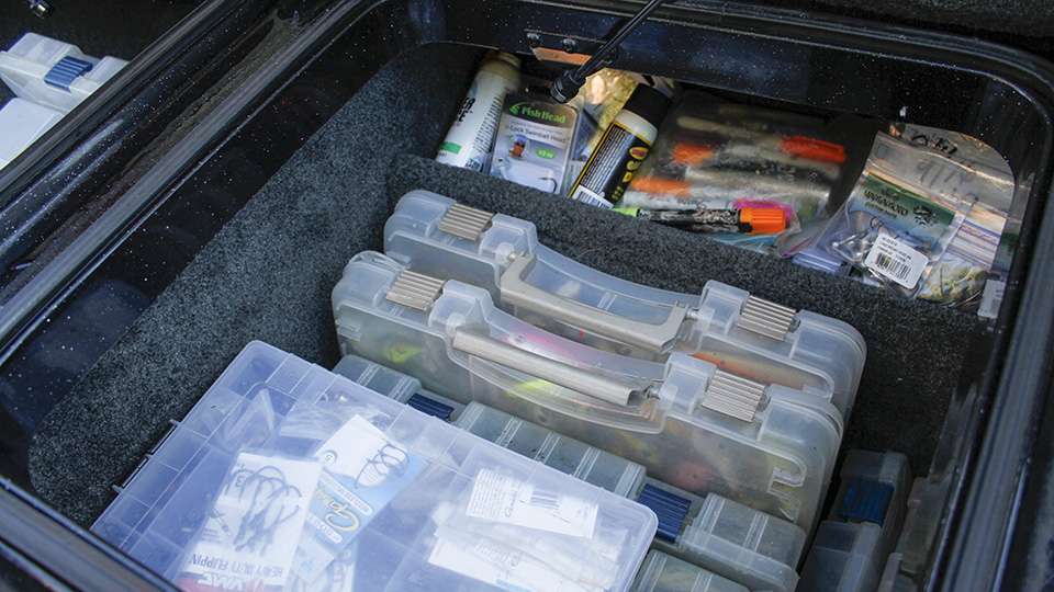 He keeps most of his hard baits in easy-to-store briefcase tackle boxes.