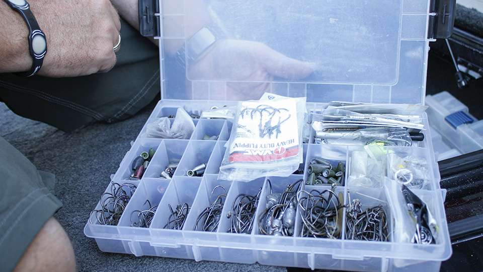 One of the other boxes in his secondary box is his hook box. This box has a variety of VMC hooks and tungsten weights.