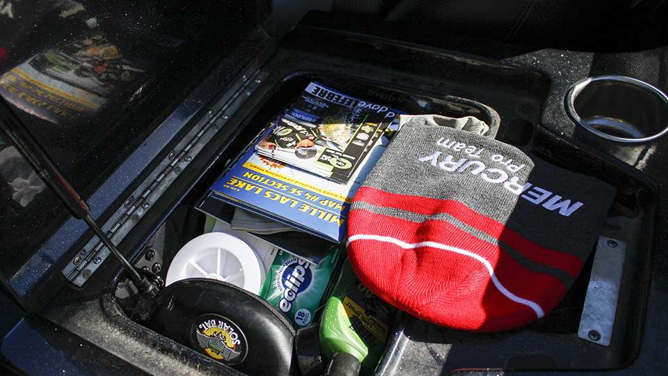 Back at his glove box was many of the essentials that most anglers need.