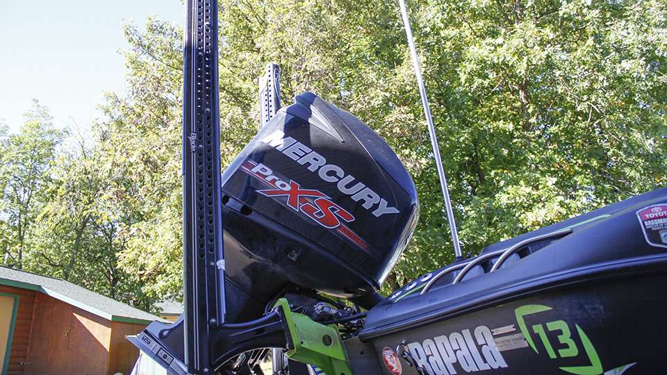 At the transom of his boat Lefebre has a Mercury 250 horsepower ProXS outboard and two 10-foot Power Pole blades.