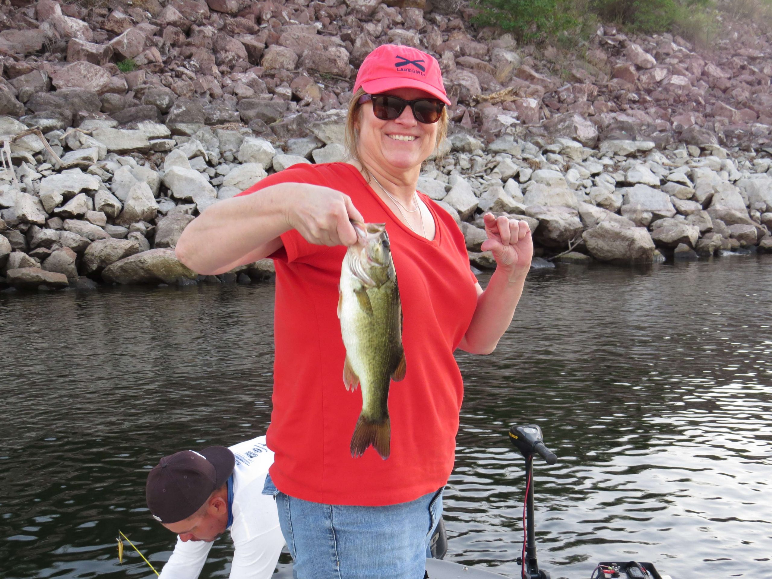 Gail Milbrath with one of her first El Salto bass. After a few of these, she stopped taking pictures of anything under 5 pounds.