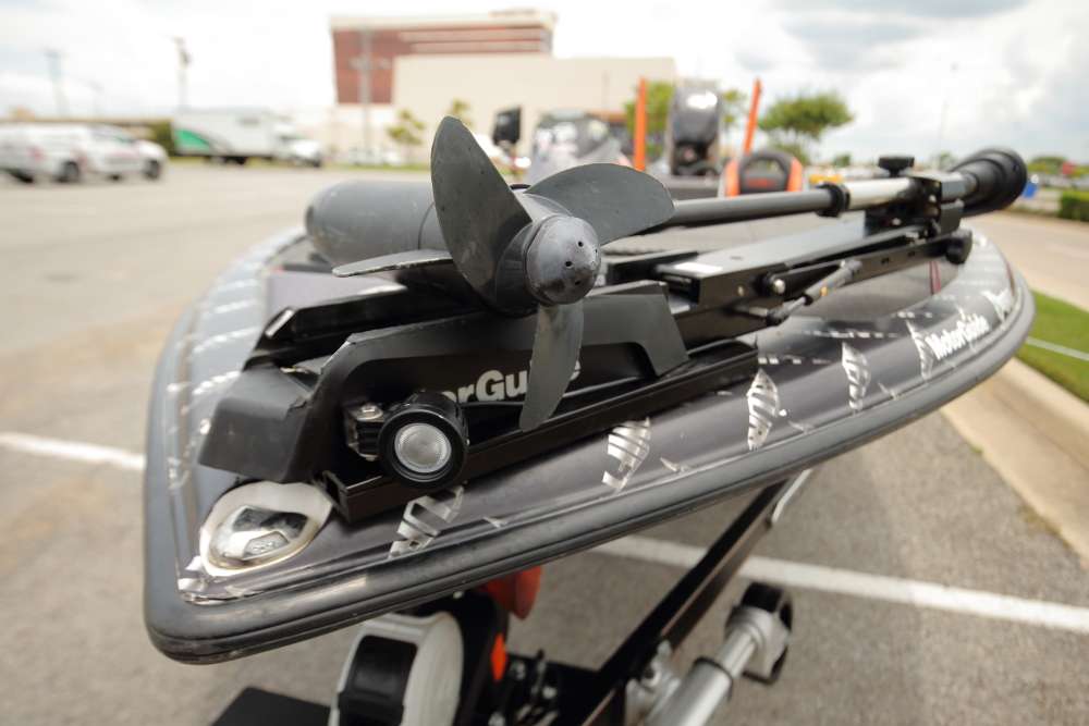 The boat's bow is equipped with a MotorGuide trolling motor. The motor features the Lane Blaster Trolling Motor Light from T-H Marine, and the light can be mounted on any trolling motor.