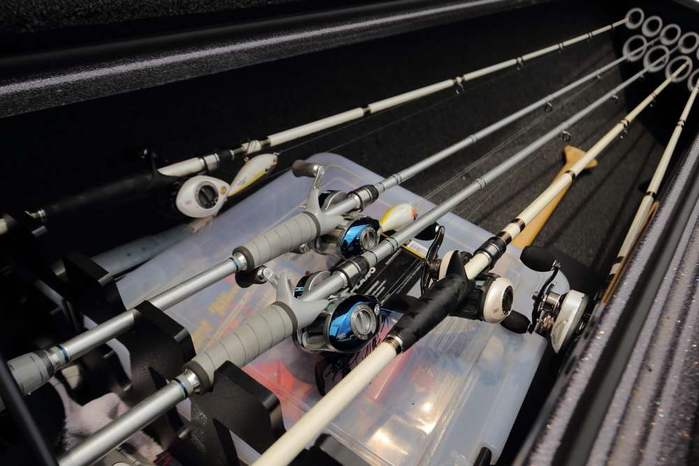 In the rod locker, Lane usually carries about 14 rod and reel combos. Lane states that if there are any issues or problems with one, it's best to keep extras on hand.
