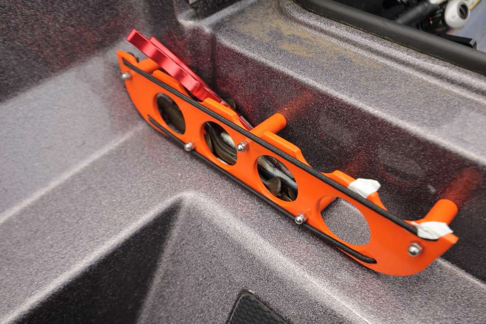 The boat's passenger side features a convenient rod holder as well.