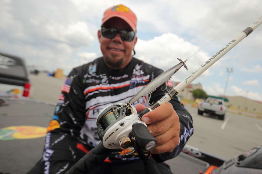 Lane paused the tour to show off two of his favorite setups. The topwater rod he uses is a 6-foot, 6-inch Bass Pro Shops CarbonLite medium heavy. The bait shown here is a Smithwick Lures Devil's Horse.