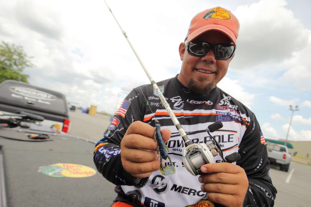 For his flipping stick, Lane prefers a Bass Pro Shops reel with 7:1 gear ratio on a 7-foot medium heavy rod. The flipping bait shown is a Luck-E-Strike Drop Dead Craw.