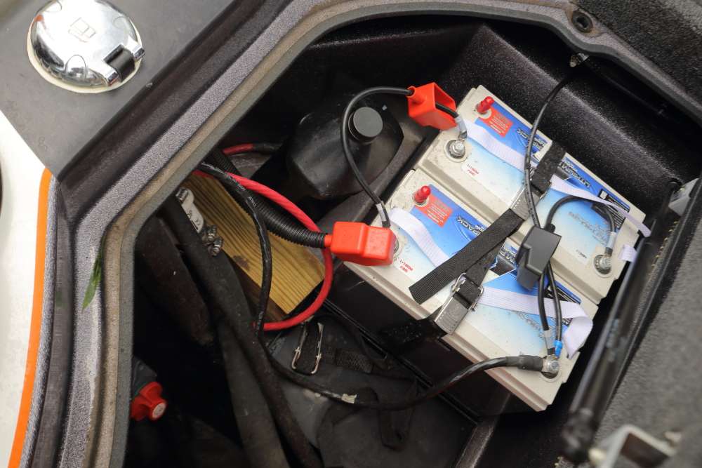 The battery box is fairly empty, but it provides easy access to the boat's two lithium batteries.