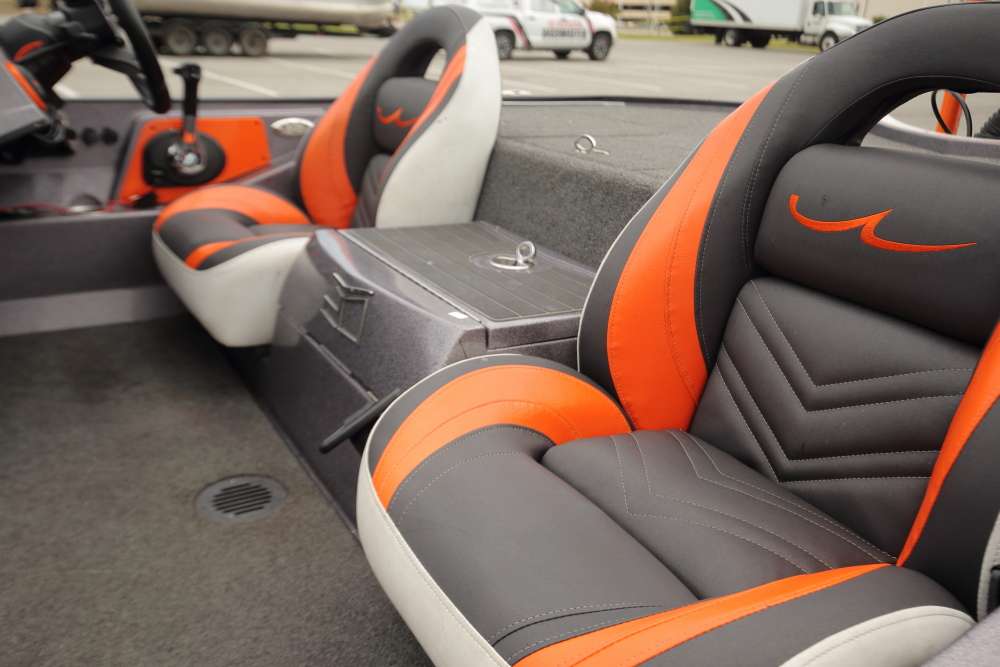 Lane's custom color carries over to the boat's two comfortable seats. They provide plenty of cushion for bouncing around on wild Elite Series fisheries.