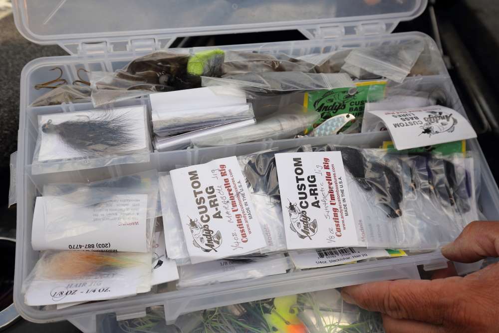 This is a box full of Andy's jigs and rigs. Evers let everyone know an Andy's Jig helped him catch more than 29 pounds of bass during Day 3 of the Classic, so this box has to be a favorite on Evers' boat.