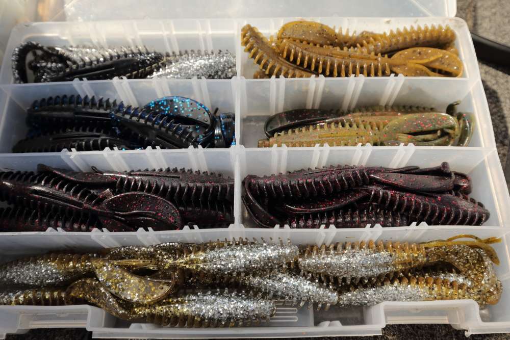 The first two boxes Evers grabs are flipping baits and jig trailers. This box includes Zoom Z-Craws in multiple colors.