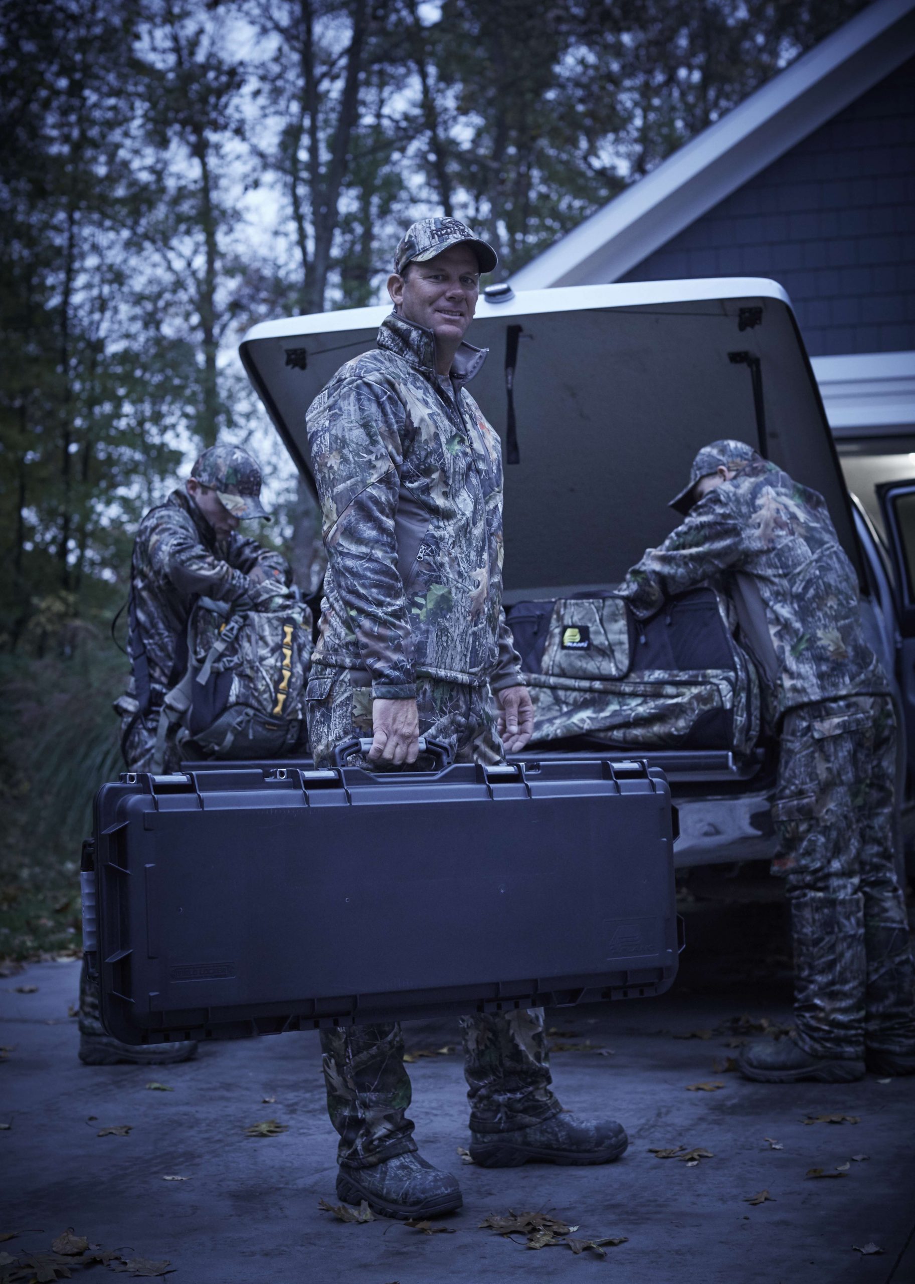 With three hunters, it doesn't take long to fill the back of the truck with gear â bow cases, backpacks, safety equipment and more.
