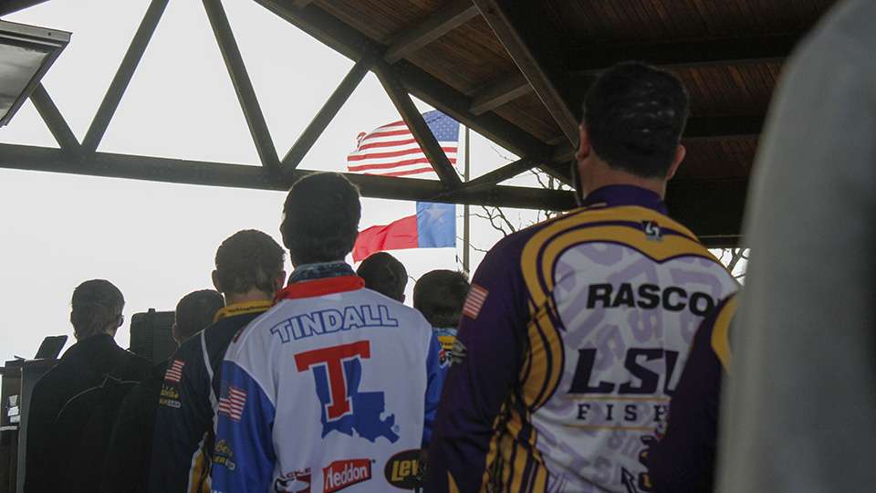 The National Anthem played as anglers stood at attention at Cassell Boykin Park.
