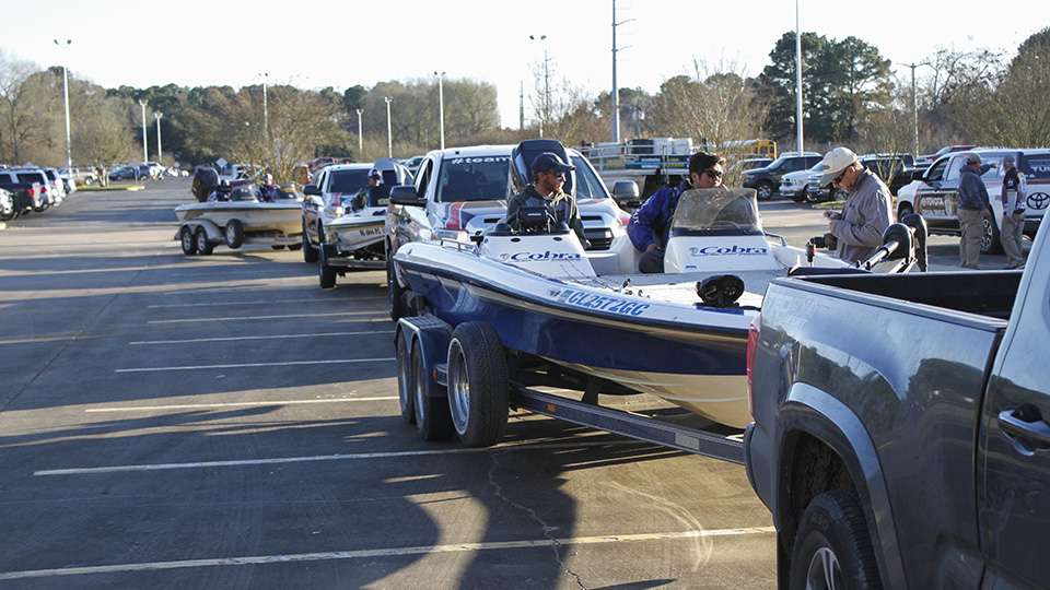 The boats and anglers are lined up for the drive-thru weigh-in.