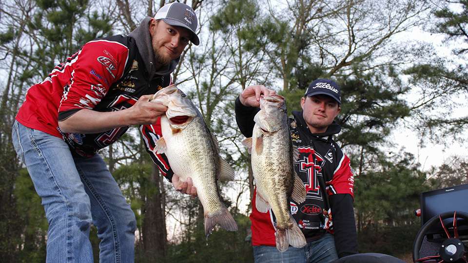 The Day 2 leaders from Texas Tech show off two of their biggest fish from Saturday at Sam Rayburn.