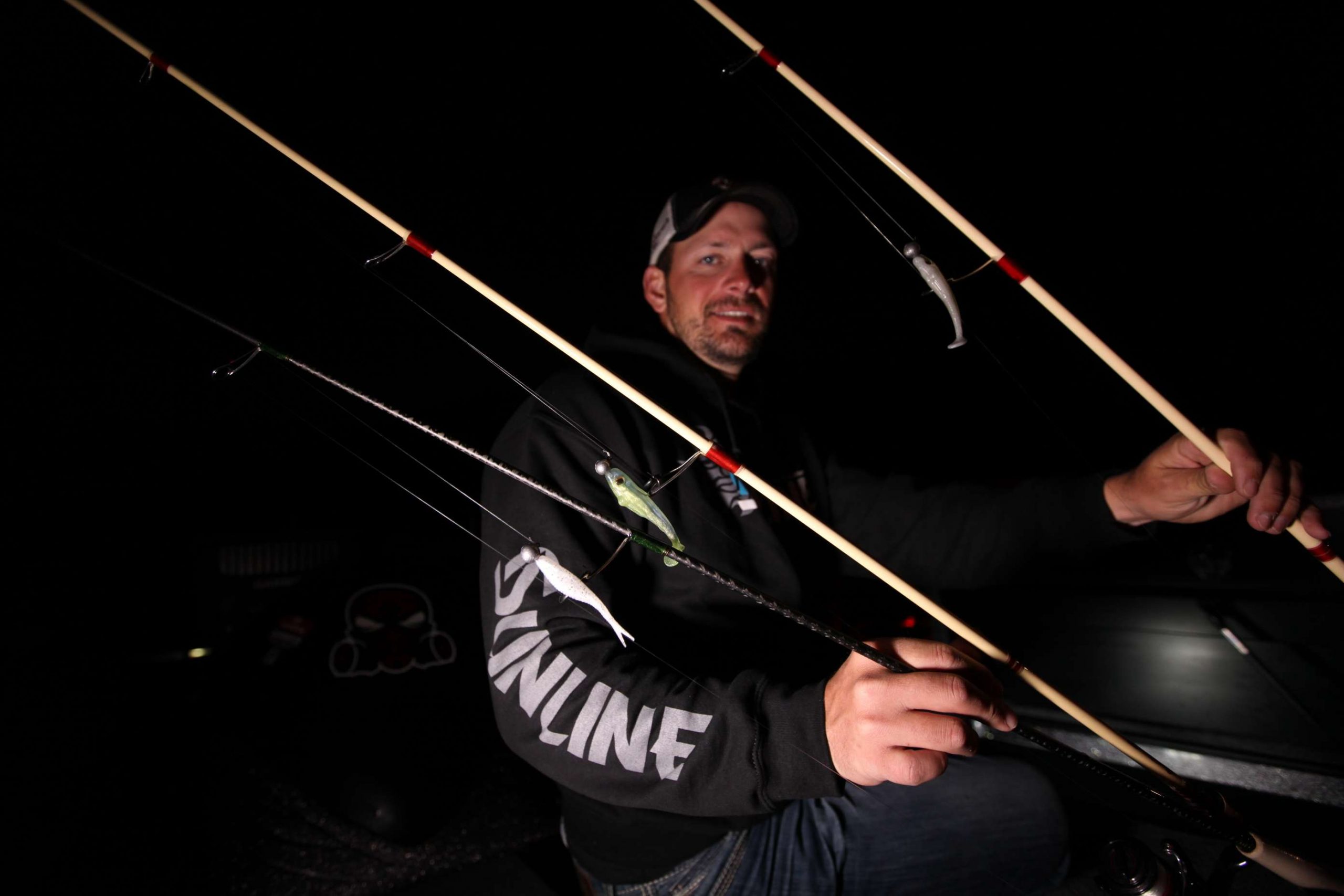 <b>David Mullins</b><br> The seventh place finisher chose baits of his own design to catch smallmouth. Mullins used hand-poured 3/8-ounce screw lock jig heads for each rig. From the bottom up, you see an unnamed fluke-style bait, and then a duo of 3-inch swimbaits made for him by Scottsboro Tackle Co. The middle bait is chartreuse and at top is his favorite, the Mullins Madness pattern. Mullins video game fished for smallmouth using a vertical presentation. 