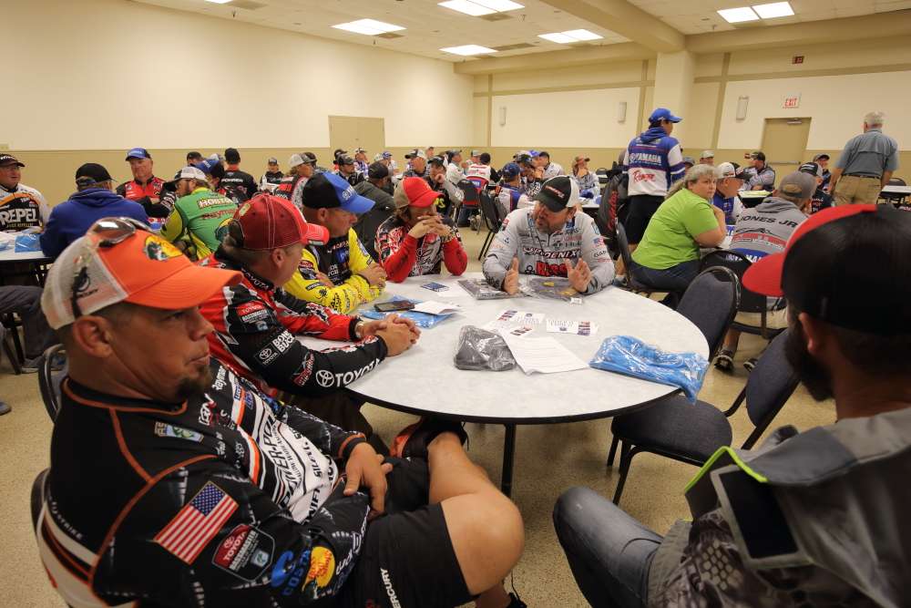 After registration, the anglers wait for their pre-tournament briefing.
