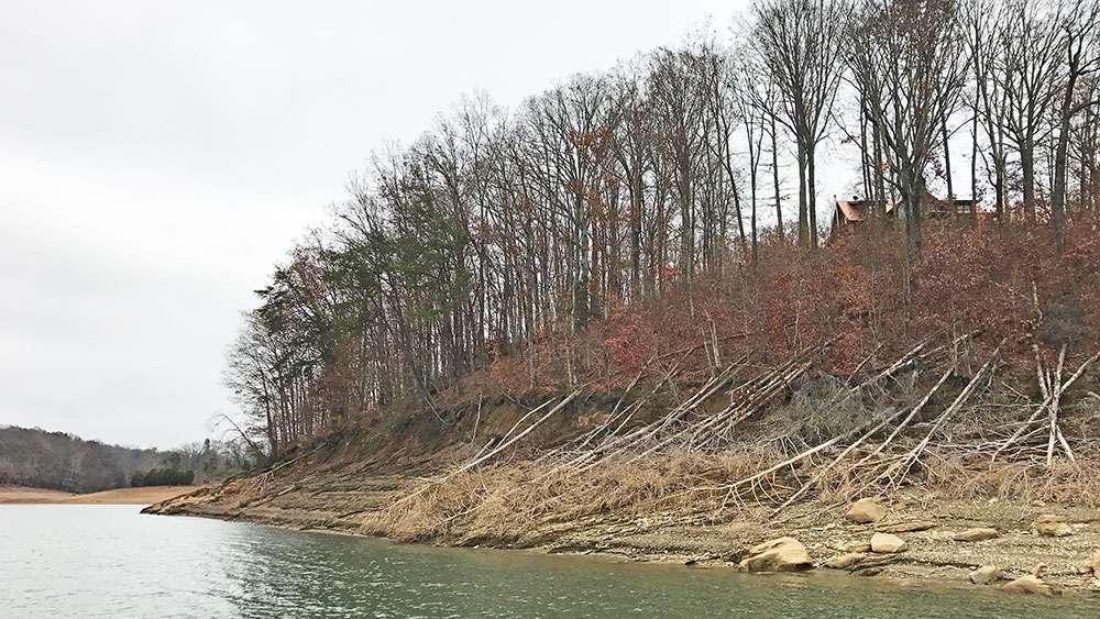 Here's an attractive looking stretch. Likely the homeowner at the top of the hill decided to make their view better and dropped a bunch of trees in the lake. That created some great fish-holding structure, but it'll be unavailable during this year's Bassmaster event. 