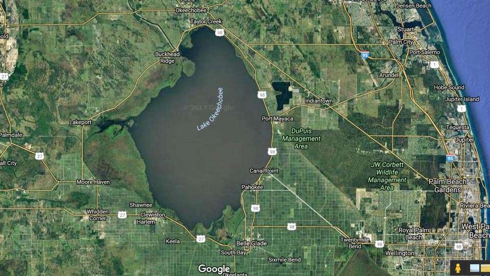 Lake Okeechobee is the seventh largest freshwater lake in the U.S., and, at 730 square miles, it is about half the size of Rhode Island. However, Okeechobee is extremely shallow, averaging approx. 9 feet deep.