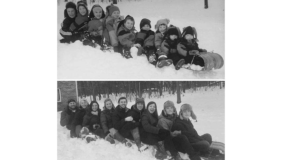 How âbout that one, right there? Kevin and Sherry VanDamâs twins, Jackson and Nicholas (at the front of the toboggan), are pictured with their VanDam cousins 17 years ago and this winter.