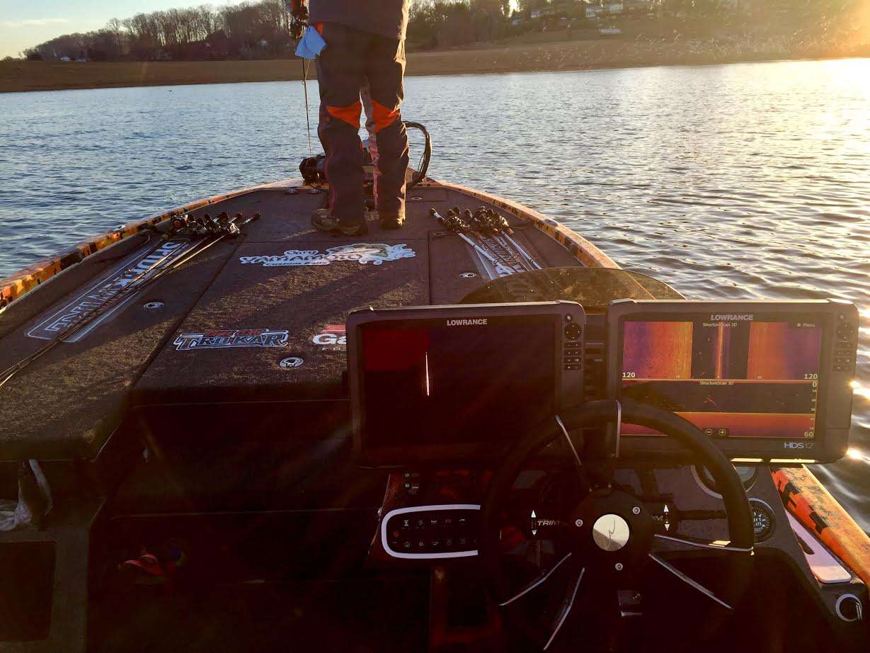 With Fletcher Shryock's first stop he has begun fishing wide open and all fired up. It's just nice to sit and feel the same excitement when an angler starts to get in the zone, with today's technology from Lowrance graphs to the spot lock on the new Minn Kota trolling motor. This could be an interesting day.
