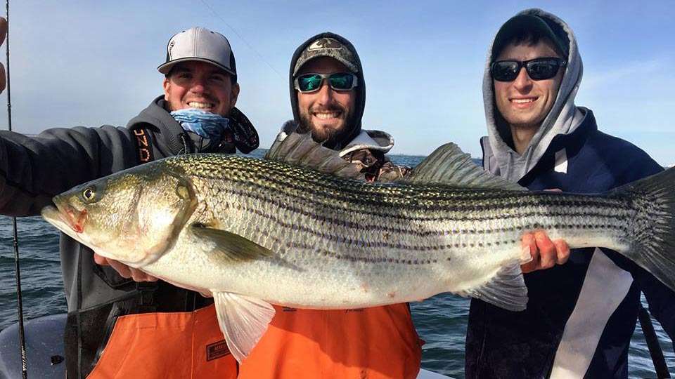 Adrian Avena, advertising that the striper fishing is red hot, guides saltwater trips out of Cape May, N.J., where he runs a Southport 28-foot center console.  