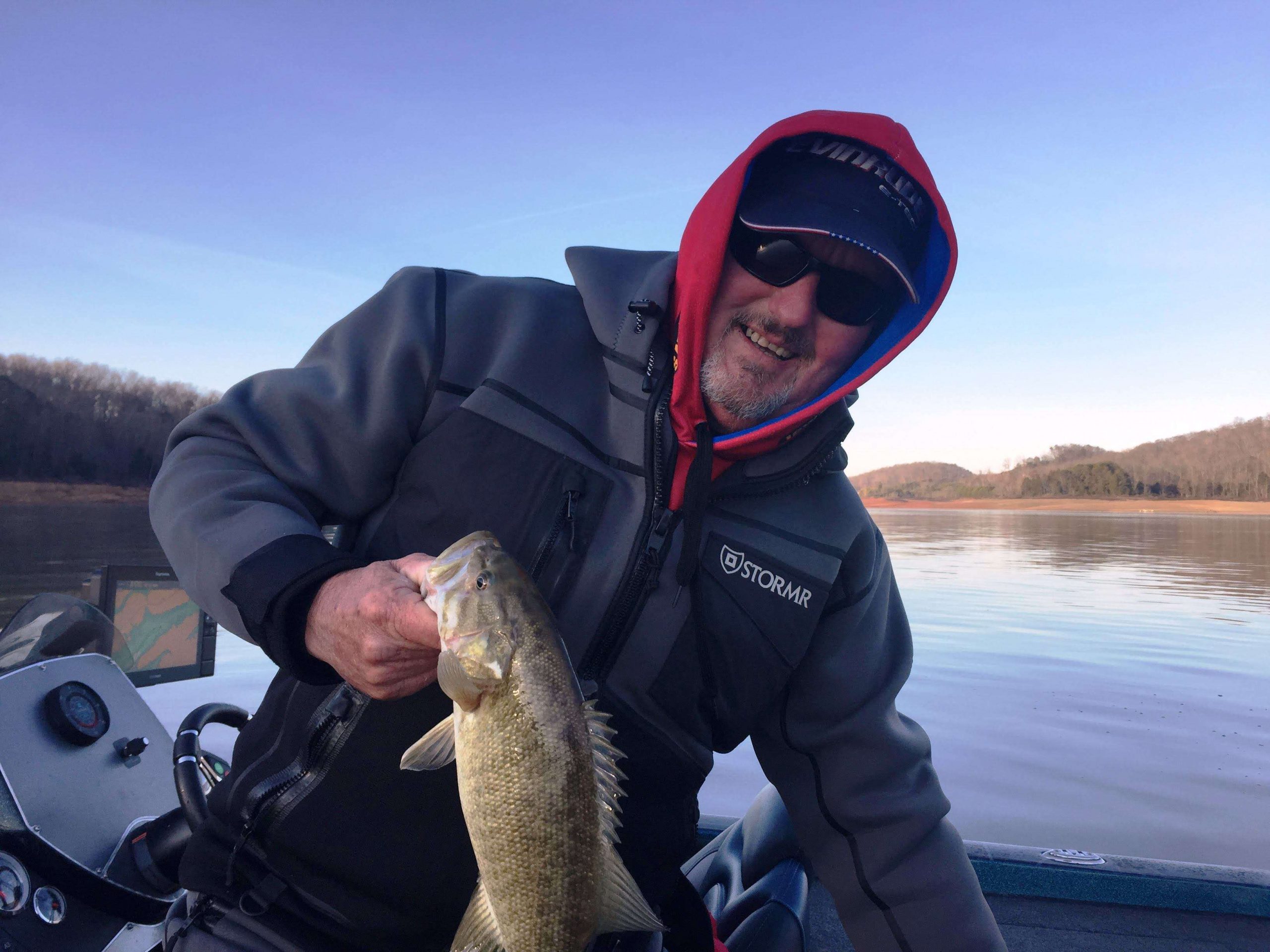 David Fritts is on the board. Fishing poles are freezing up, but that isn't slowing him down.