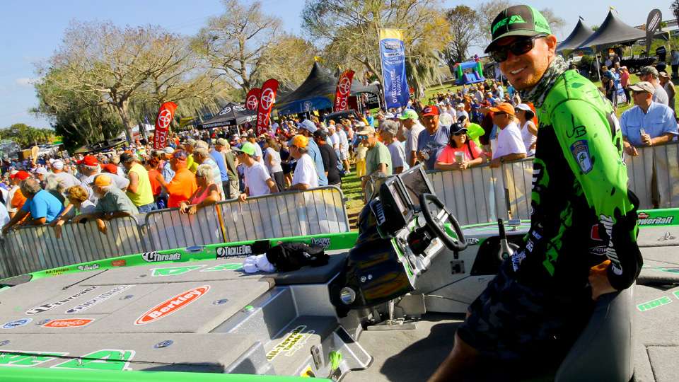 Adrian Avena prepares to weigh in on the final day of the A.R.E. Truck Caps Bassmaster Elite at Lake Okeechobee.