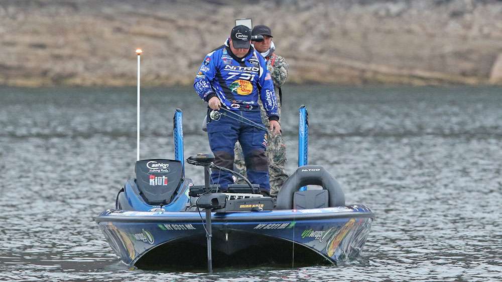 Much of the day, Hartman keeps his eyes on his electronics looking for fish he can drop a bait on. It's been largely a vertical game this week.