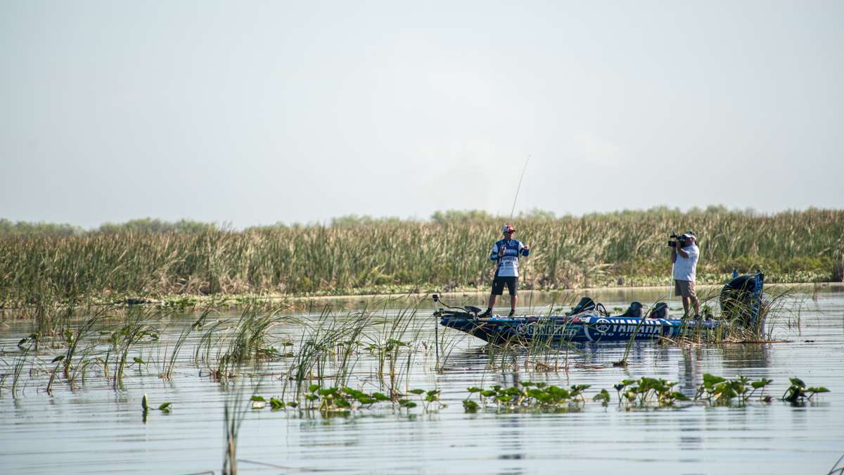 Down on the waters surface, Rojas adjust his bait and makes small moves around the grass. 
