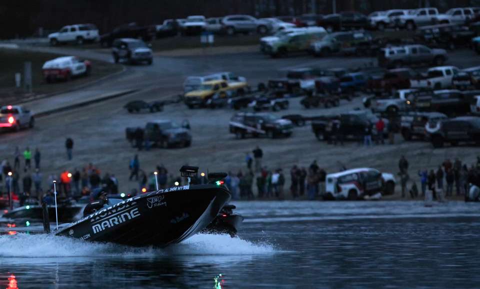 See the Top 50 Elites race away from launch at the start of Day 3 of the Bassmaster Elite at Cherokee Lake.