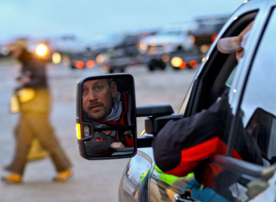 Mullins checks his rear view mirror for any oncoming traffic, as the ramp was crammed.