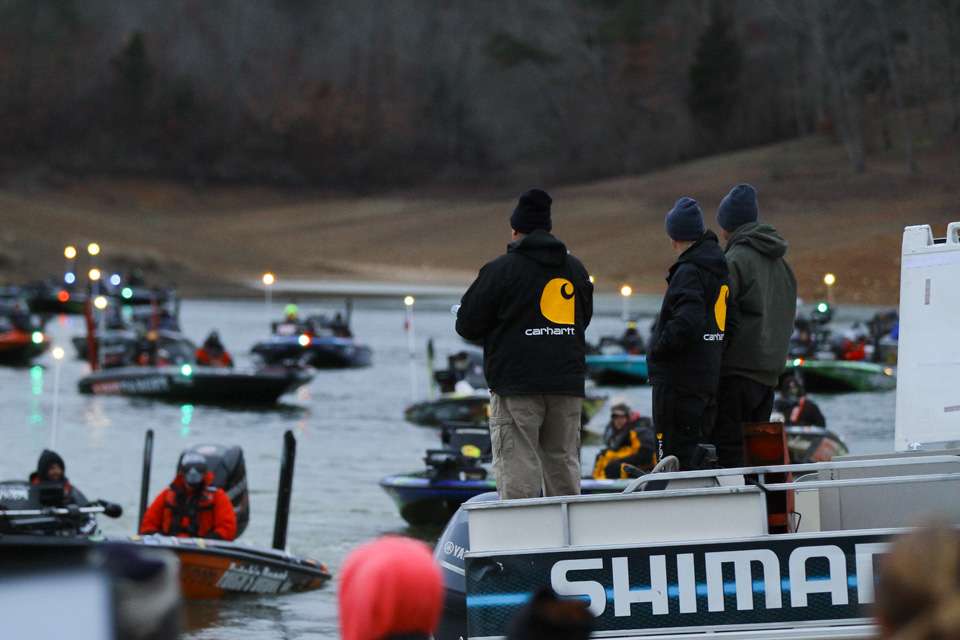 The Bassmaster tournament staff are being sure to stay warm in their Carhartt gear. 