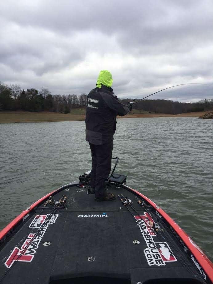 Jared Lintner making a pinpoint cast on a windy day into his fourth spot of the morning