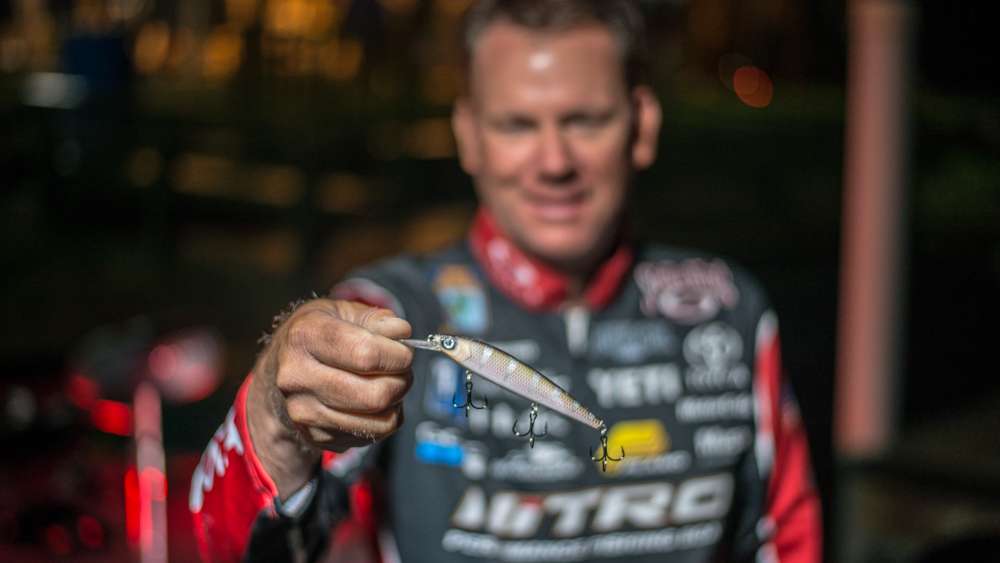 The choices were a Strike King KVD Deep Jerkbait and KVD jerkbait. He alternated between Crystal Shad and River Shiner patterns. 