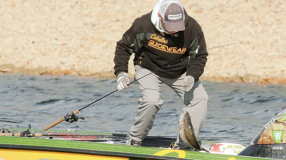 For the first two days of the Bass Pro Shops Central Open #1, Mike McClelland had success fishing in 45 to 50 feet of water and throwing a finesse swimbait to bass holding in standing timber 25 to 32 feet deep. On Day 3 he caught only spotted bass after switching to a stickbait to complete his limit.
<p>
See the full lineup of lures the Top 12 used to bag the biggest limits last week in Missouri.
<p>
<em>All captions: Craig Lamb</em>