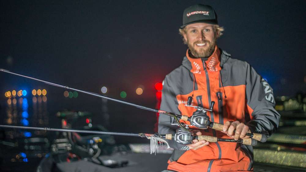 James Elam scored a fourth-place finish using these baits. Top choice was a white 1/2-ounce Jackall Break Blade with color-matching Jackall Rhythm Wave Swimbait. To bedding bass he cast a weightless 5-inch green pumpkin Yamamoto Senko. 