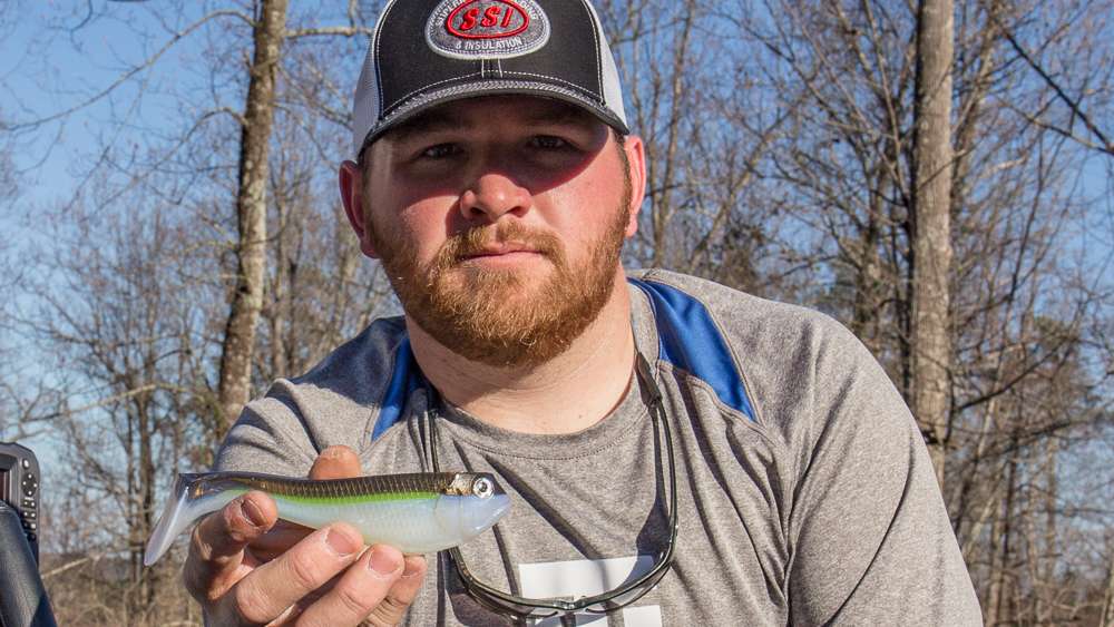 He says these gigantic swimbaits work great on Tennessee River lakes. 