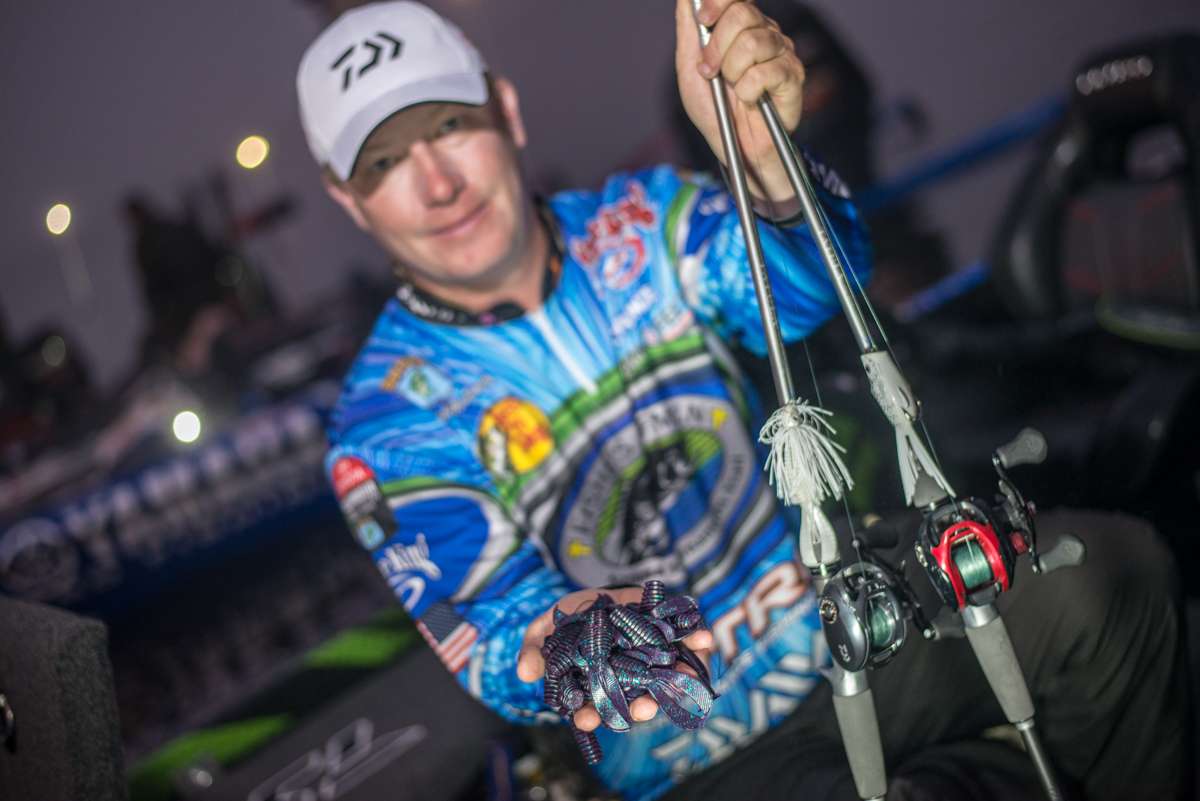 <b>Andy Montgomery</b><br>
The 10th-place finisher used two lures to target bass in various spawning stages. For early morning bites he chose a 1/2-ounce white Strike King Hack Attack Heavy Cover Swim Jig. To that he rigged a 4-inch Strike King Magnum Rage Bug. 