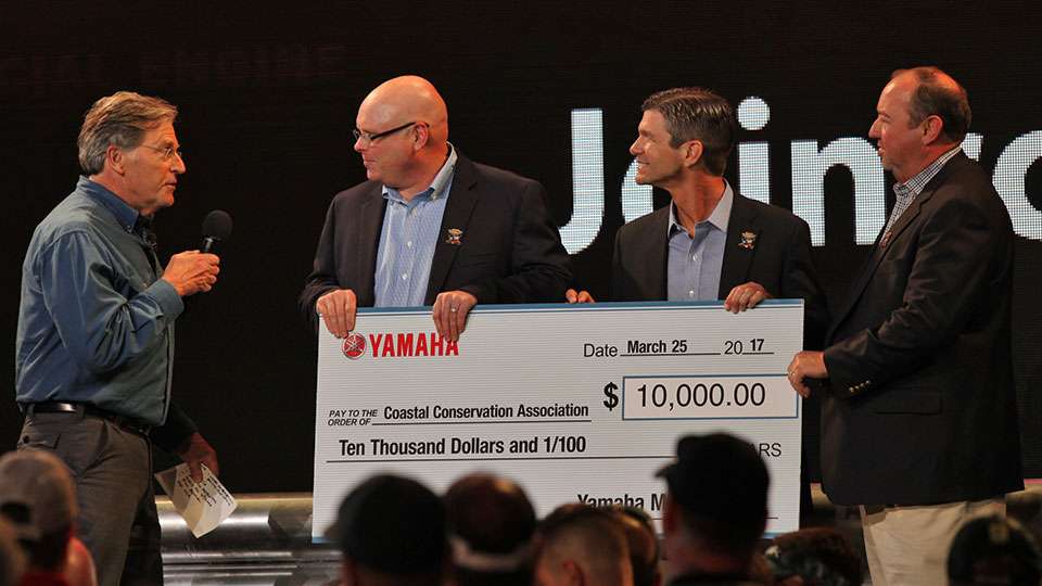 B.A.S.S. CEO Bruce Akin and the folks from Yamaha give to the Coastal Conservation Association. The donation kicked off the Day 2 weigh-in of the 2017 GEICO Bassmaster Classic presented by DICKâS Sporting Goods.