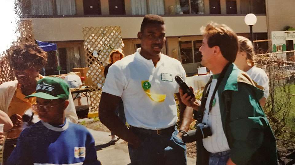The city has some famous sports moments and athletes. This is Andre Ware, who won the Heisman Trophy as a quarterback at the University of Houston in 1989. He was acting as a parade marshal in Clear Lake and was interviewed by Sooch. (With his old tank of a camera, a Pentax K1000, and the huge audio recorder. Oh, I loved that jacket. Still have it.) 