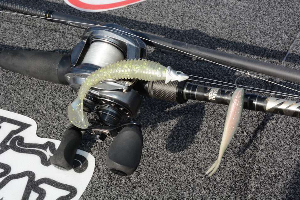 He made a drop shot rig using a 3-inch Emerald Shiner pattern Gulp! Minnow. To that he rigged a Berkley Fusion 19 Drop Shot Hook and 1/4-ounce weight. Bertrand also used 1/4-ounce ball head jigs with 3 1/2-inch swimbaits. 